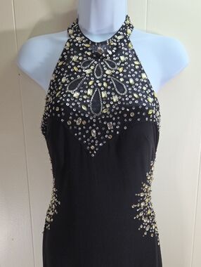 Cache - Black One-Shoulder Evening Dress with Gold & Silver Embellishments